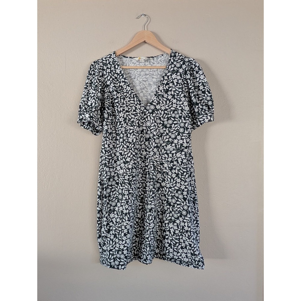 Boden Dark Green White Floral V-Neck Puff Sleeve Dress Cottage Bloomcore Sz‎ 10